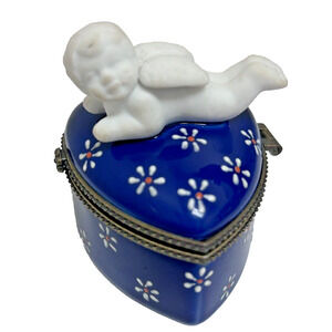 Cherub Angel Ceramic Heart Trinket Box Retro Collectible Decor 2x2" Gift